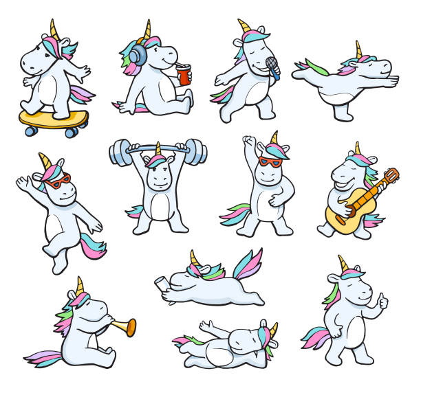 Unicorn Set Unicorn set. Vector illustration. Cute unicorn. Skateboarding, Leisure, Singing, Dancing, Playing Guitar, Playing Sports - Barbell, Playing Trumpet, Like, Fashion, Entertainment. unicorn stock illustrations