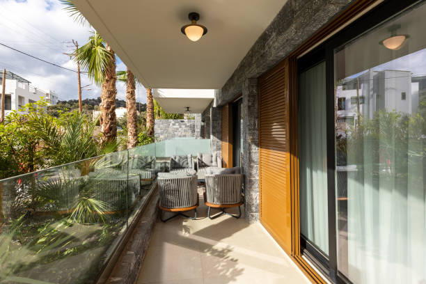 istock Hotel resort apartment terraces with armchairs and table 1389950022