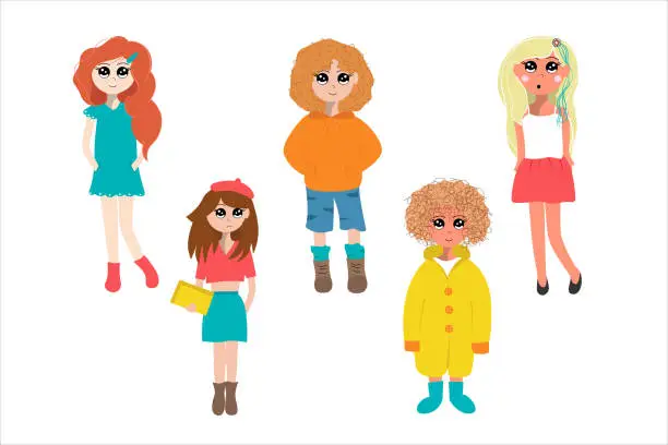 Vector illustration of Teenage girls cartoon set. Women's cute images in different clothes. Different emotions