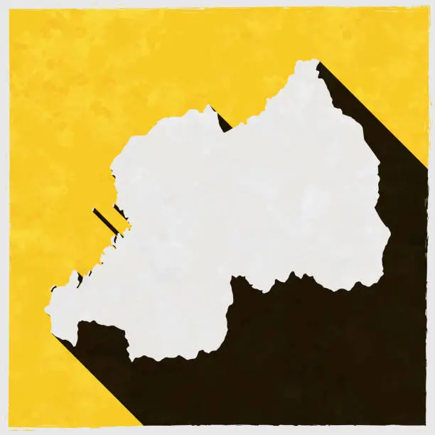 Vector illustration of Rwanda map with long shadow on textured yellow background