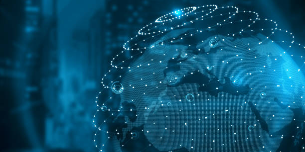 istock Creative glowing sphere hologram on blue city backdrop. Metaverse and future concept. Double exposure. 1389952811