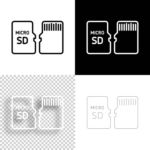 ilustrações de stock, clip art, desenhos animados e ícones de micro sd card - front and back view. icon for design. blank, white and black backgrounds - line icon - memories memory card technology storage compartment