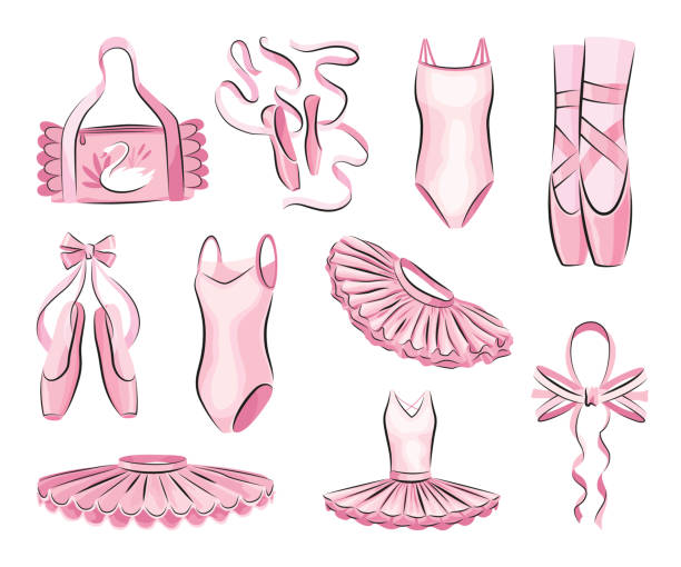 ilustrações de stock, clip art, desenhos animados e ícones de ballet accessories with pink ballet dress, tutu skirt and pair of pointe-shoes, bow and long satin ribbons. set of hand drawn ballerina accessories. vector objects in sketch style - round bale