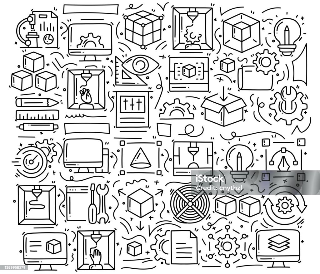 3d Printing Technology Related Objects And Elements Hand Drawn Vector ...