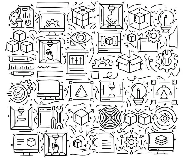 Vector illustration of 3D Printing Technology Related Objects and Elements. Hand Drawn Vector Doodle Illustration Collection. Hand Drawn Pattern Design