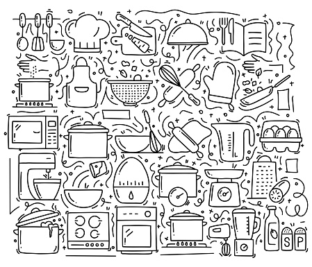 Cooking Related Objects and Elements. Hand Drawn Vector Doodle Illustration Collection. Hand Drawn Pattern Design