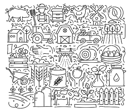Farming and Agriculture Related Objects and Elements. Hand Drawn Vector Doodle Illustration Collection. Hand Drawn Pattern Design
