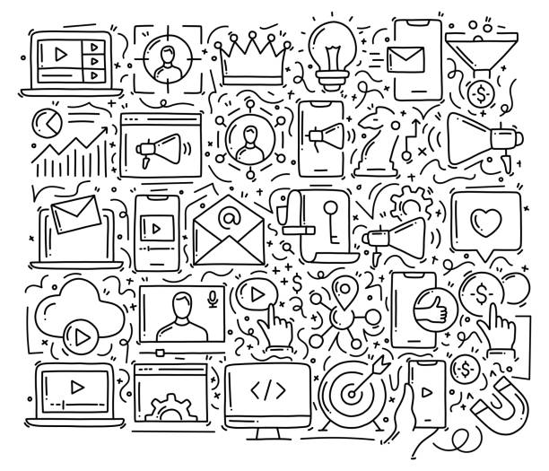 obiekty i elementy związane z marketingiem cyfrowym. ręcznie rysowana kolekcja ilustracji wektorowych doodle. ręcznie rysowany wzór - burza mózgów wideo stock illustrations