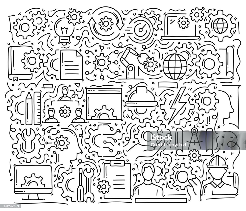 Engineering Related Figure Engineering Related Objects And Elements Hand Drawn Vector Doodle ...