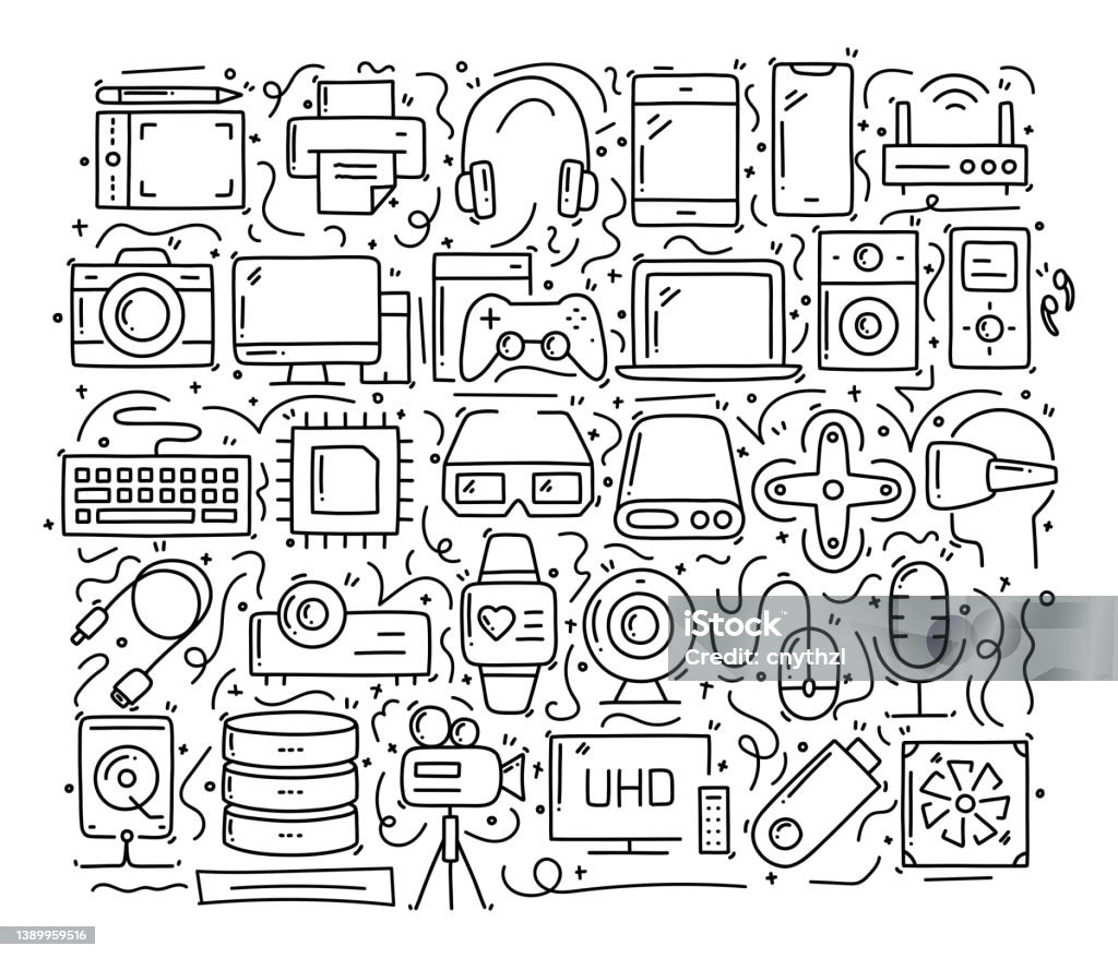 Computer And Devices Related Objects And Elements Hand Drawn Vector ...