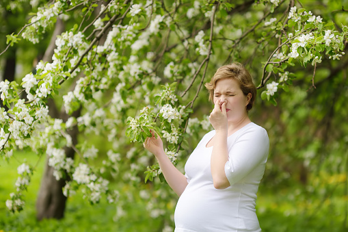 Pregnant young woman sneezing and wipes nose with napkin during walking in spring park. Flu season, cold rhinitis. Allergic people. Sick person. Expectant mother.