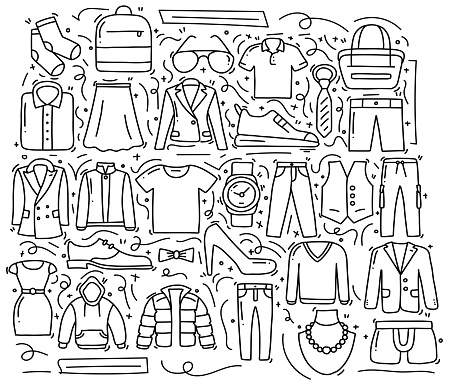 Clothes and Accessories Related Objects and Elements. Hand Drawn Vector Doodle Illustration Collection. Hand Drawn Pattern Design