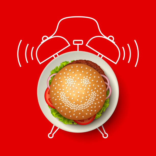 Hamburger with smiling face made from sesame seeds, and alarm clock vector art illustration