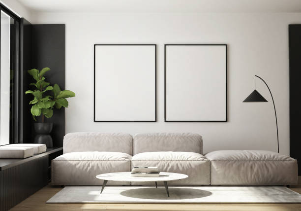mock up poster frame in modern interior background, living room, Scandinavian style, 3D render, 3D illustration