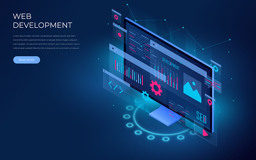 Web Development Isometric Design. Data and charts on computer screen