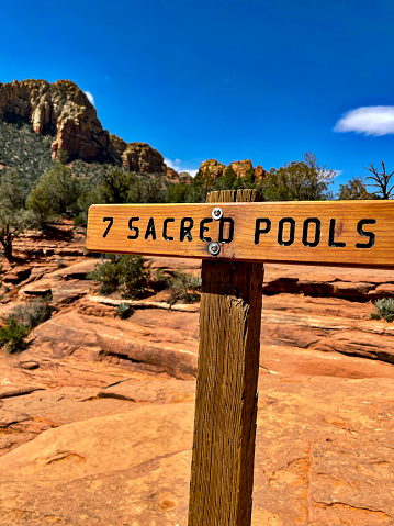 The small natural pools and desert scenery form the 7 Sacred Pools, a historic landmark that is one of the stops on the Soldier's Pass trail in Yavapai County, Arizona.