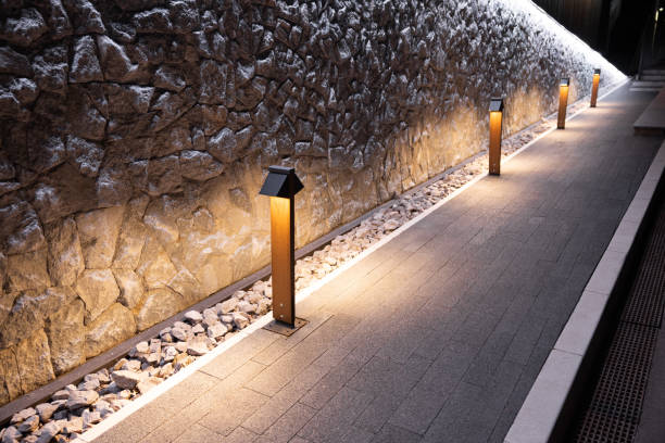 Solar-powered lanterns for flower beds in the yard of the house for decorative street lighting and landscaping