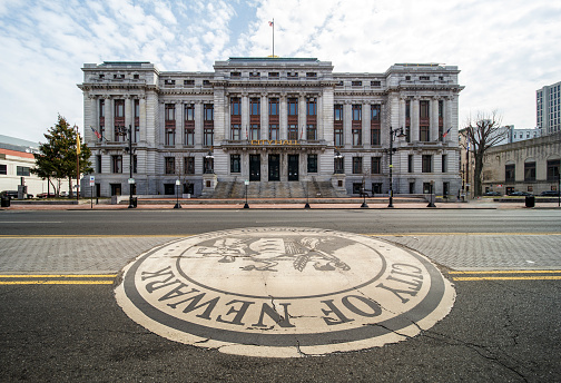 City Hall of Newark New Jersey, USA, and city seal on Broad Street