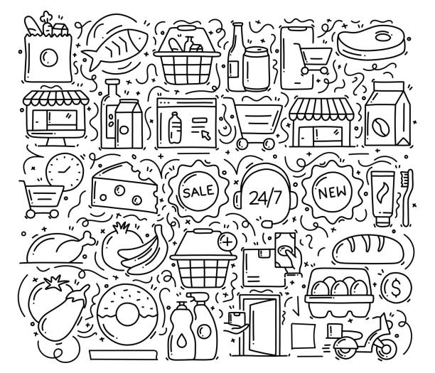 Internet Grocery Related Objects and Elements. Hand Drawn Vector Doodle Illustration Collection. Hand Drawn Pattern Design Internet Grocery Related Objects and Elements. Hand Drawn Vector Doodle Illustration Collection. Hand Drawn Pattern Design supermarket drawings stock illustrations