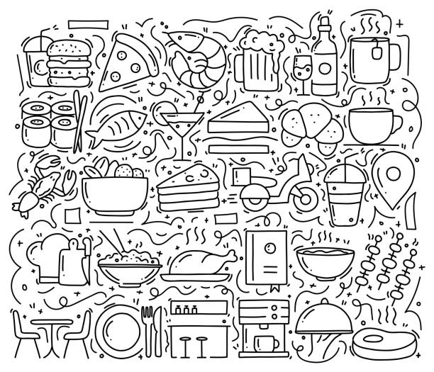 ilustrações, clipart, desenhos animados e ícones de restaurante e alimentos relacionados objetos e elementos. coleção de ilustração de rabisco de vetor desenhado à mão. design de padrão desenhado à mão - food vector barbecue pattern