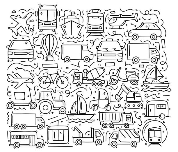 ilustrações, clipart, desenhos animados e ícones de transporte de objetos e elementos relacionados ao transporte. coleção de ilustração de rabisco de vetor desenhado à mão. design de padrão desenhado à mão - cruiser bicycle illustrations