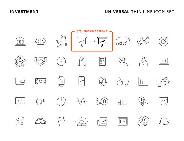 ilustrações, clipart, desenhos animados e ícones de conjunto de ícones de linha fina universal de investimento com traçado editável. os ícones são adequados para web page, app móvel, interface do usuário, ux e design gui. - generic currency