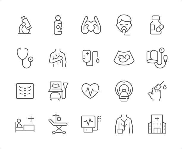 Diagnostics icon set. Editable stroke weight. Pixel perfect icons. Diagnostics icons set #08

Specification: 20 icons, 64×64 pх, EDITABLE stroke weight! Current stroke 2 px.

Features: Pixel Perfect, Unicolor, Editable weight thin line.

First row of  icons contains:
Microscope, Oxygen Tube, Heart in hands, ICU Ventilator, Pills;

Second row contains: 
Stethoscope, Heart Attack, Hospital Dropper, Ultrasound Baby, Blood Pressure Gauge;

Third row contains: 
X-ray, Ultrasound Diagnostic Equipment, Pulse Trace, MRI Scanner, Blood Test;
 
Fourth row contains: 
Medical Bad, Intensive Care, Ekg device, Cardiogram, Hospital.

Check out the complete Prolinico collection — https://www.istockphoto.com/collaboration/boards/m2yevS1B7EWOAAxLZcvJhQ oxygen icon stock illustrations