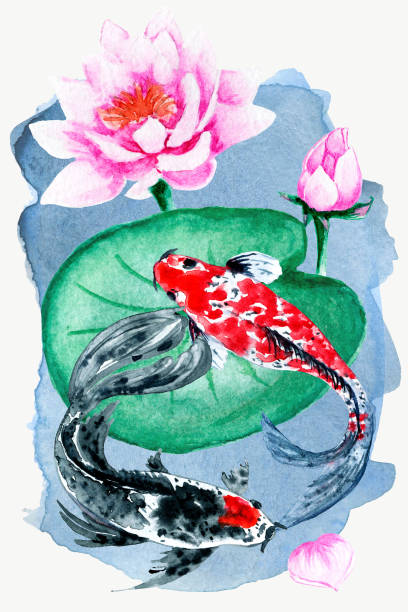 istock Watercolor Landscape with hills, lake, Pine tree,insect,Koya fish,bamboo ,sun and aitas in traditional Japanese sumi-e style on vintage watercolor background. 1389976559