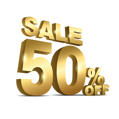 Golden Text Sale 50 percent, Sale 50% off Isolated on white background. Special offer fifty percent off discount
