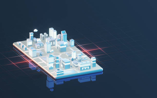 istock Information transfer between smart phones and cities, 3d rendering. 1389984981
