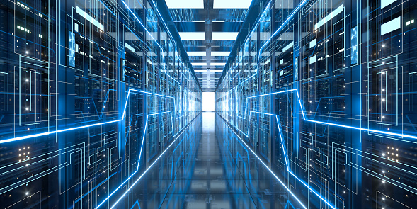 Racks de servidores en la red informática de seguridad de servidores de la sala de datos del centro de datos, renderizado 3D. photo