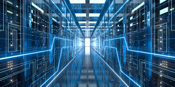 racks de serveurs dans le centre de données de la salle de serveurs de sécurité du réseau informatique, rendu 3d. - supercomputer photos et images de collection