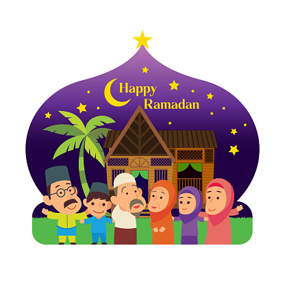 Happy Ramadan Celebration Cartoon Muslim Family In Malay Village With  Coconut Tree Night Life Scene Background Stock Illustration - Download  Image Now - iStock