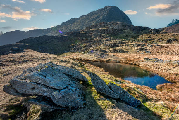 Mount Snowdon,looking directly into the lowering sun,seen from lakes below,North Wales,United Kingdom. Snowdonia National Park,sunny weather in mid-March,looking up at mount Snowdon summit from near Watkin Path,into glaring direct sunlight,in the late afternoon. slate ridge stock pictures, royalty-free photos & images
