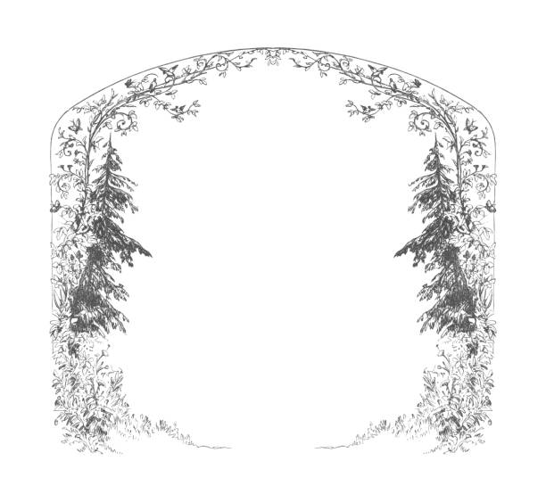 A vintage antique engraving illustration, of a frame in a floral design with pine trees, from the book Our Living World, A Natural History, published 1885.