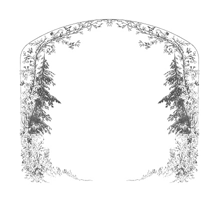 A vintage antique engraving illustration, of a frame in a floral design with pine trees, from the book Our Living World, A Natural History, published 1885.