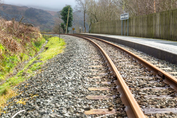 snowdon ranger, estación de tren de vía estrecha a principios de primavera, snowdonia, gales, reino unido. - ffestiniog railway fotografías e imágenes de stock