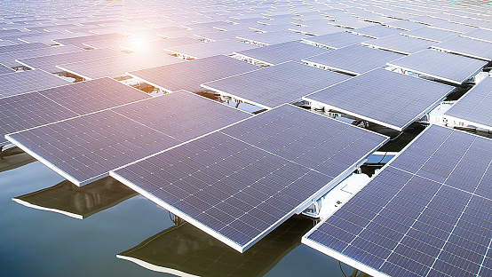 floating solar power station renewable energy concept.