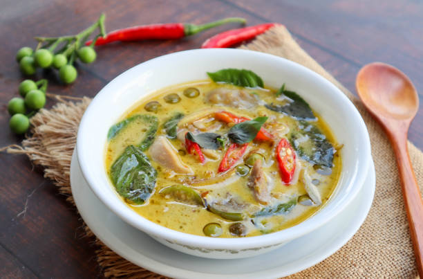 istock Thai Green curry with chicken - Thai authentic food called  Kang Kiew Wan with some ingredients at at close up view 1389996260