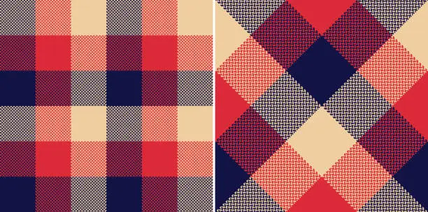 Vector illustration of Tartan check plaid pattern in navy blue, red, beige for autumn winter. Seamless herringbone buffalo check set for flannel shirt, scarf, skirt, blanket, duvet cover, other modern fashion textile print.
