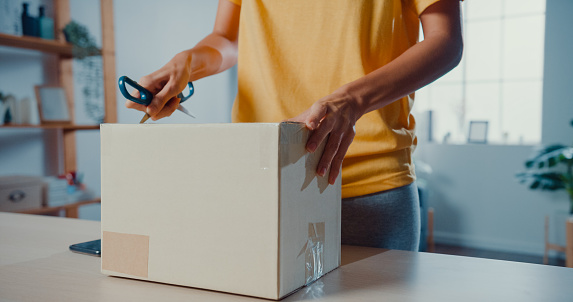 Close up of Young woman feel excited unpacking cardboard box receive ordered parcel in living room at home.