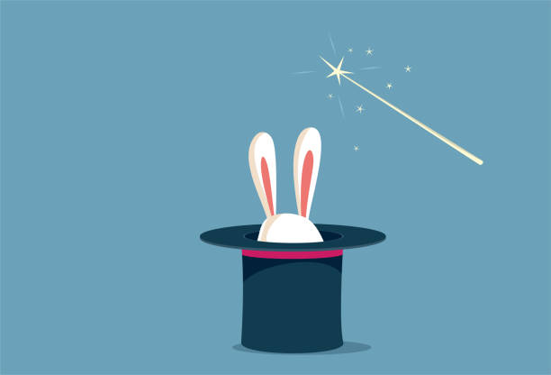 biały królik w kapeluszu magic trick vector concept illustration - magician magic trick hat magic wand stock illustrations
