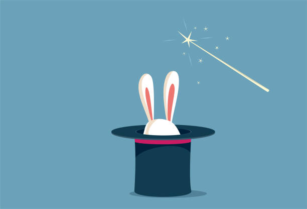 ilustrações de stock, clip art, desenhos animados e ícones de white rabbit in a top hat magic trick vector concept illustration - magic trick