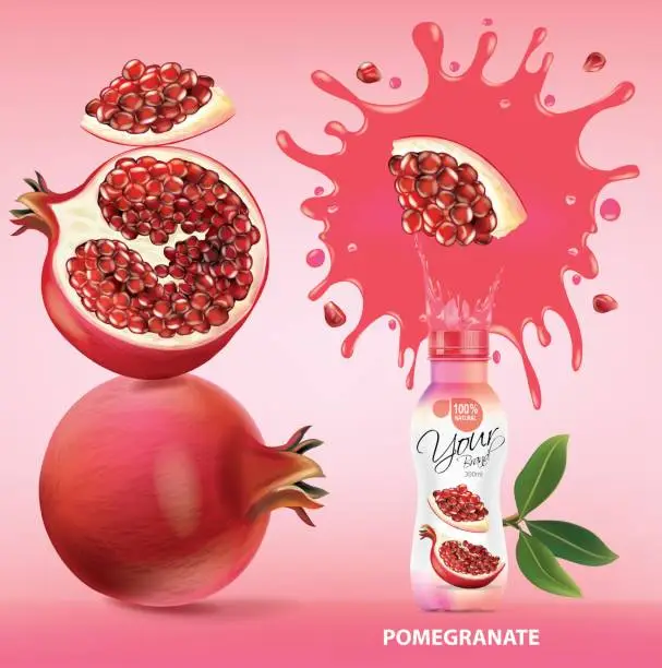 Vector illustration of Pomegranate fruit bottle design with Pomegranate fruit  juice splashes.illustration vector