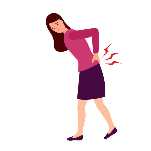 Young woman having low back pain in flat design. Backache symptom. Muscle or bone problem. Young woman having low back pain in flat design. Backache symptom. Muscle or bone problem. back pain stock illustrations