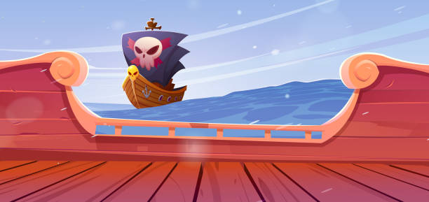 деревянная палуба корабля с видом на пиратскую лодку в море - pirate corsair cartoon danger stock illustrations