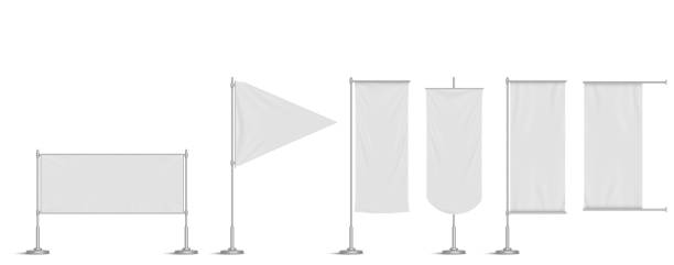 White vinyl banners, triangle flag and pennants White vinyl banners, triangle flag and pennants on pole. Vector realistic mockup of blank fabric promotion posters, advertising textile banners hanging on metal frame and stand blank flag stock illustrations