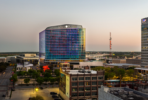 Dallas, Texas, USA - April 5th, 2022: OMNI Hotel building in twilight