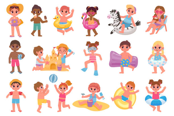 cartoon-kinder am sommerstrand, spielen mit ball - vector sand summer smiling stock-grafiken, -clipart, -cartoons und -symbole