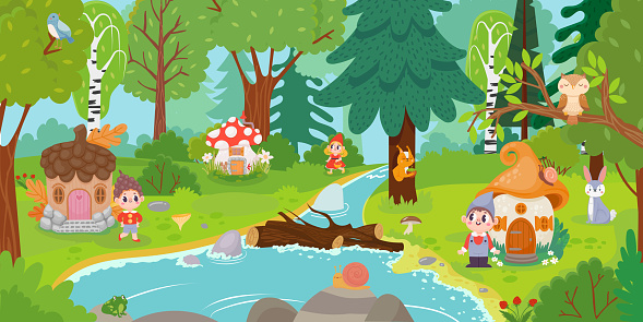 Cartoon elves and gnomes in magic forest. Vector woodland forest, elf fairytale and building dwelling illustration